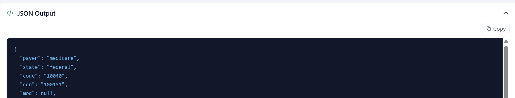 An RCIntel API JSON response for a code payment lookup, showing structured fields for payer, state, code, and CCN.