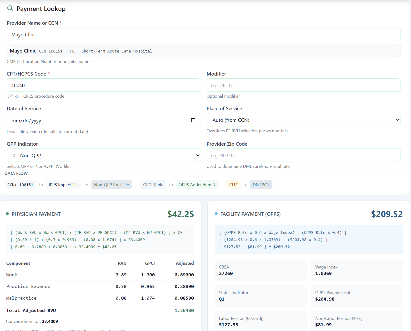 RCIntel Payment Calculator: a lookup for Mayo Clinic (CCN 100151) and CPT 10040, resolving to a $42.25 physician payment and a $209.52 OPPS facility payment with the RVU, GPCI, and conversion-factor math shown.